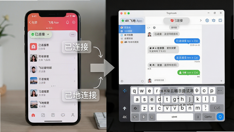 主体:飞地App在手机与电脑模拟器上的对比使用场景;布局:左侧手机界面显示社群列表,右侧电脑模拟器窗口显示聊天框;排版:左右分屏,中间箭头连接;风格:写实照片风格,搭配半透明注释文字;细节:手机屏幕显示“已连接”状态,电脑端显示键盘快捷键提示;画质:4K高清,干净无多余元素