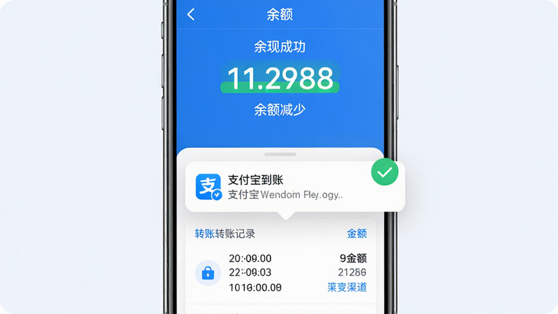 主体:手机屏幕显示提现成功界面,余额减少,支付宝到账通知弹出;布局:上下分层,上方是余额数字,下方是银行转账记录;排版:数字绿色高亮,通知气泡带对勾图标;风格:简洁商务,蓝白配色;细节:转账记录包含时间、金额、渠道;画质:高清,干净,无多余元素
