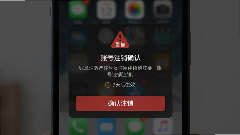 主体:手机屏幕显示“账号注销确认”弹窗,底部有“确认注销”红色按钮;布局:弹窗居中,背景模糊,顶部有“警告”图标;排版:文字说明清晰,选项突出;风格:严肃警告风格,暗色调;细节:弹窗带有倒计时提示“7天后生效”;画质:高清,干净,无多余元素