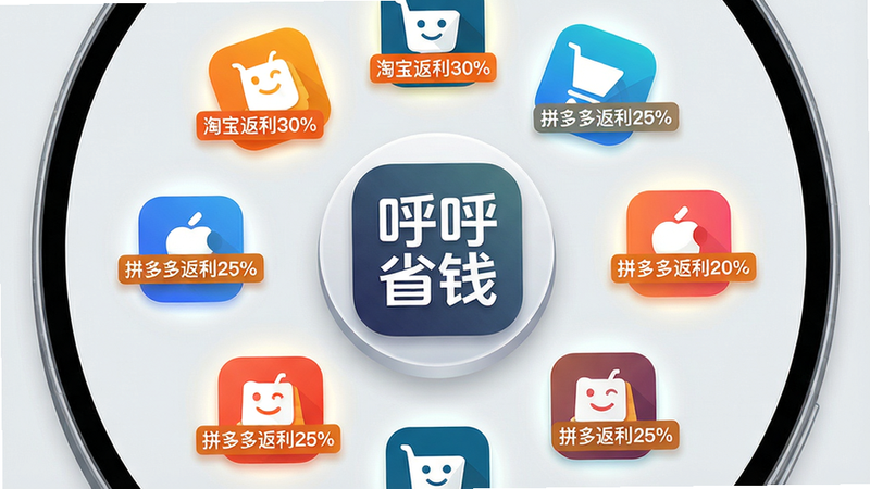 主体:手机屏幕显示多个电商平台logo图标排列成圆形,中心是“呼呼省钱”logo;布局:圆形辐射构图,每个logo上带有小标签如“淘宝返利30%”“拼多多返利25%”;排版:图标大小均匀,文字白色高亮在彩色图标上;风格:科技感扁平插画,背景浅灰色;细节:每个图标有微光晕,中心logo凸出;画质:高清,干净,无多余元素