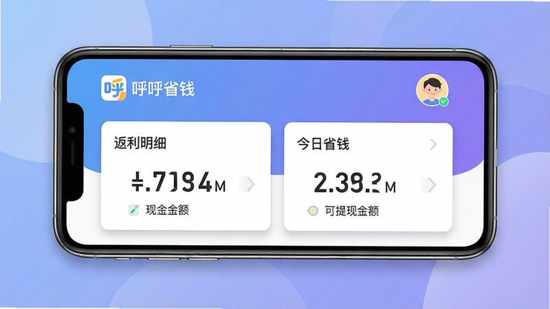 主体:呼呼省钱APP主界面展示,手机屏幕中央显示“返利明细”和“今日省钱”数据卡片;布局:采用居中对称构图,手机模型横屏略倾斜,背景柔和的蓝紫色渐变;排版:界面内文字清晰可辨,包含“呼呼省钱”logo、用户头像、现金余额、可提现金额;风格:扁平化UI设计,色彩明快,突出数字;细节:手机边缘有高光反射,界面卡片有轻微阴影;画质:超高清4K,干净,无多余元素