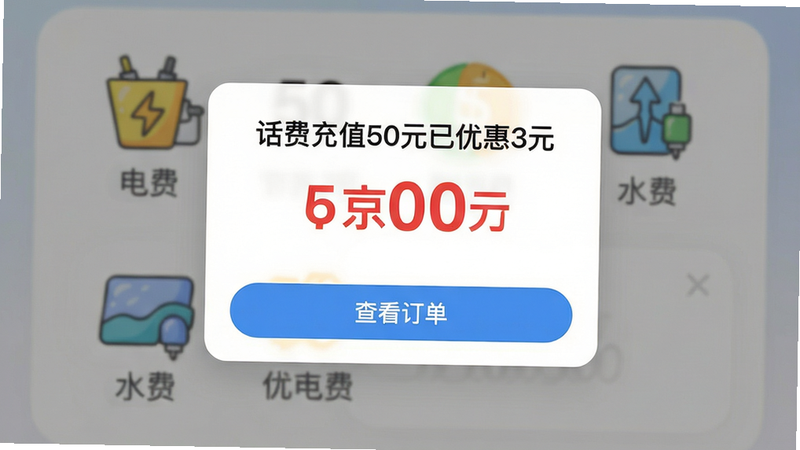 主体:手机界面展示缴费成功弹窗,显示“话费充值50元已优惠3元”,背景有电费、水费图标;布局:弹窗居中,背景半透明模糊虚化;排版:优惠金额用红色大字体突出,图标卡通风格;风格:清新写实,柔和光线;细节:弹窗按钮“查看订单”可点击;画质:超高清,干净,无多余元素