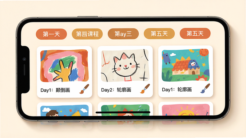 ���壺�ֻ���Ļչʾ����γ̽��棬��һ�쵽�������ǩ�����ɼ������֣��ֻ���ţ���Ļ�ڿγ̿�Ƭ���У�ÿ�ſ�Ƭ���в�ɫԤ��ͼ���Ű棺����ƽ��UI����Ե����Ӱ������ִ�������App���ůɫ����ϸ�ڣ���Ƭ�ϱ��С�Day1���ߵ���������Day2���������������֣���ˢͼ���׺�����ʣ����壬�޶���Ԫ�ء�