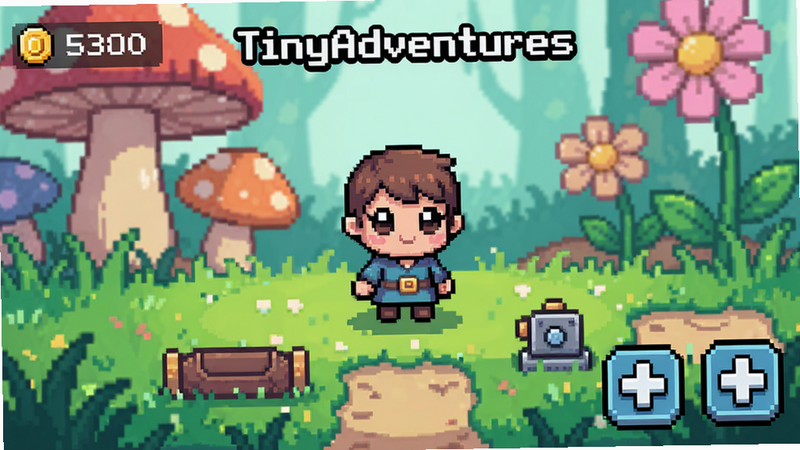 主体:TinyAdventures游戏主界面,展示一个小小角色站在色彩斑斓的草丛中,背景有巨大的蘑菇和花朵。布局:角色居中,前方有路径和机关。排版:界面简洁,左上角有金币数,右下角有操作按钮。风格:像素风,色彩明亮柔和。细节:角色眼睛大,可爱,草丛有光影效果。画质:高清像素,干净无多余元素。