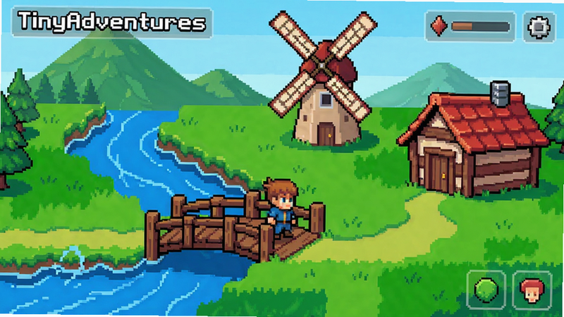 主体:TinyAdventures游戏内一个关卡场景,有绿色的草地、蓝色的河流、红色的屋顶小屋。布局:前景是角色站在小桥上,中景有风车,远景是山丘。排版:画面干净,UI元素半透明。风格:16-bit像素风格,色彩鲜艳。细节:草地有深浅变化,水波动态。画质:清晰无锯齿,干净整洁。