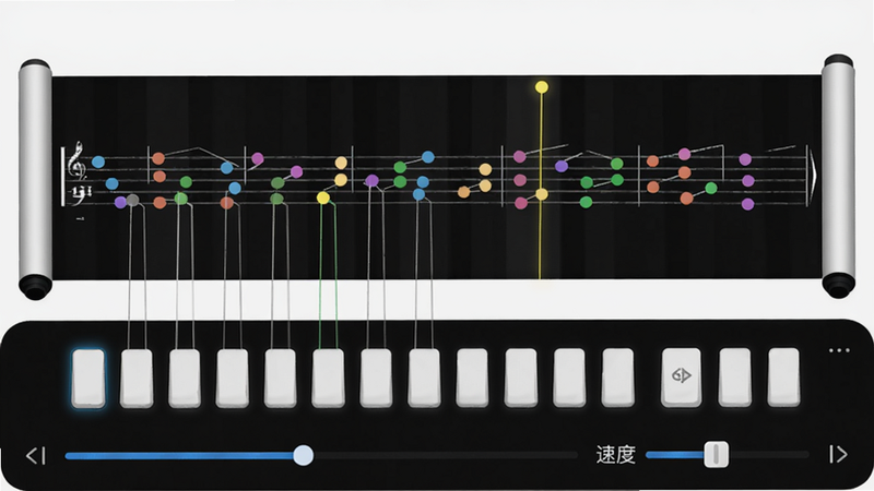 来音古筝智能曲谱跟弹界面,曲谱以横向卷轴形式显示,音符用彩色圆点标注,当前弹奏位置高亮,下方是21弦对应按键,布局上下结构,风格简洁清新,细节包括进度条、速度调节滑块,画质干净无杂乱元素。