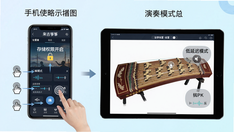 来音古筝手机使用攻略示意图,左边手机竖屏展示主界面,右边平板横屏展示演奏模式,布局左右对比,风格信息图,细节包括触控手势标注、设置选项箭头,画质干净,文字标注“存储权限开启”和“低延迟模式”等内容。