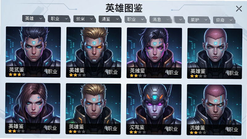 主体:英雄图鉴界面,布局:网格展示多个英雄头像,每行四个,顶部有筛选标签,排版:整齐有序,风格:科技感UI+赛博朋克立绘,细节:英雄名称、星级、职业图标,画质:高清,干净无多余元素,文字:“英雄图鉴”