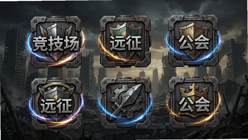 主体:游戏模式选择界面,布局:主菜单图标网格排列,如“竞技场”“远征”“公会”,排版:金属质感大图标配文字,风格:末日后工业风,细节:每个图标有动态光效,背景是末日城市全景,画质:高清,干净无多余元素