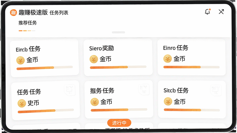 主体:趣赚极速版任务列表页面,展示多个任务卡片,每个卡片有任务名称、金币奖励和进度条;布局:卡片式排列,上下滑动;排版:简洁清新,白色背景配橙色按钮;细节:顶部有“推荐任务”标题,底部有“进行中”标签;画质:高清,无多余元素