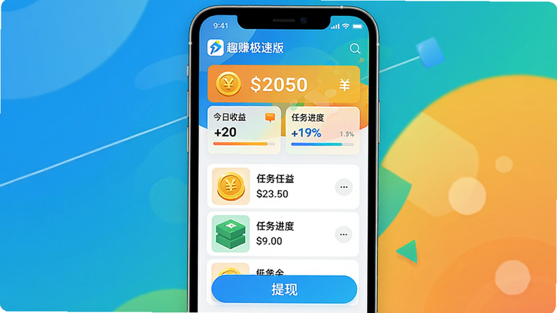 主体:趣赚极速版App主界面,显示金币余额、任务列表和提现按钮;布局:手机屏幕居中,界面清晰;排版:现代扁平化风格,色彩明亮;细节:左上角有“趣赚极速版”logo,下方有“今日收益”和“任务进度”卡片;画质:高清,干净无多余元素