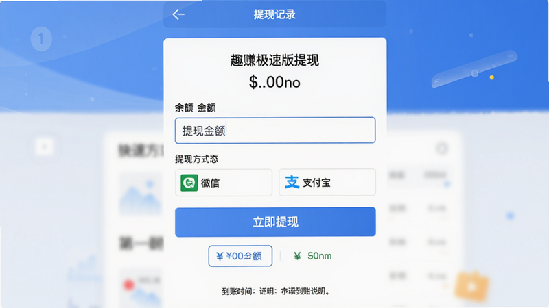 主体:趣赚极速版提现页面,显示余额、提现金额输入框、提现方式选择(微信、支付宝)和“立即提现”按钮;布局:表单居中,输入框下方有快速金额选项;排版:干净商务风,蓝白配色;细节:页面顶部有“提现记录”入口,底部有到账时间说明;画质:高清,无多余元素