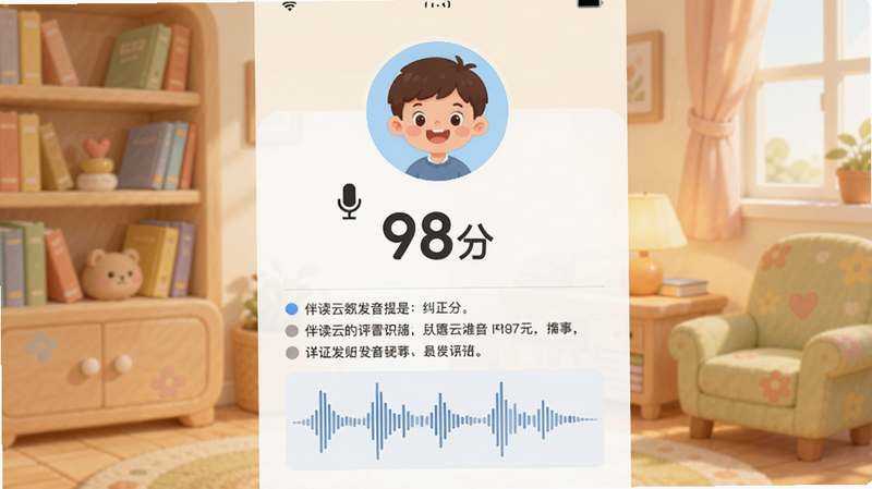 伴读云App口语评测功能界面截图,显示一个小朋友头像,麦克风图标,以及分数\