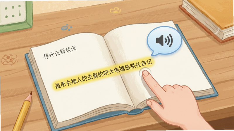 伴读云App教材点读页面,展示一本打开的语文课本,手指点击某一句子,对应文字高亮并弹出发音气泡,界面简洁,背景为木质书桌,插画风格,画质高清,无多余元素。
