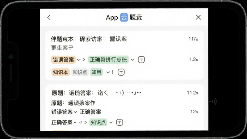 伴读云App错题本页面,显示数学错题列表,每个错题带有原题、错误答案和正确答案,以及知识点标签,背景为简洁白色,扁平化设计,画质干净,无多余元素。