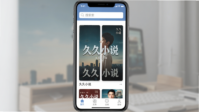主体:久久小说APP主界面,布局:手机屏幕居中显示,排版:顶部搜索栏,中间小说封面列表,底部导航栏,风格:扁平化设计,细节:封面图片清晰,标题“久久小说”醒目,画质:高清,干净,无多余元素