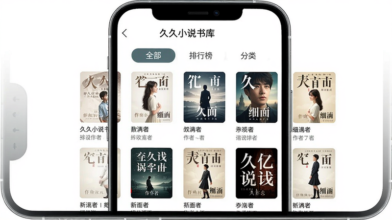 主体:久久小说书库界面,布局:手机屏幕展示分类标签和小说列表,排版:顶部有“全部”、“排行榜”、“分类”等选项卡,中部是小说封面网格,风格:清新简约,细节:封面图下方有书名和作者,画质:高清,干净,无多余元素