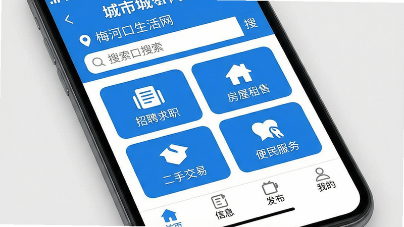 一张手机屏幕截图,显示“梅河口生活网”APP主界面,顶部有城市定位和搜索栏,中部展示“招聘求职”“房屋租售”“二手交易”“便民服务”四个功能图标,底部导航栏包含首页、信息、发布、我的。整体风格简洁清晰,蓝白色调,UI设计现代,画质高清,干净无多余元素。