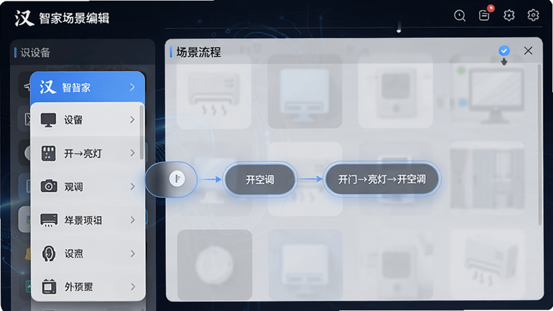 主体:汉的智家场景编辑界面,显示从左侧设备列表拖拽到右侧场景流程区域,布局左右分栏,排版清晰,风格科技感,细节:流程图中包含“开门→亮灯→开空调”节点,画质高,无多余元素