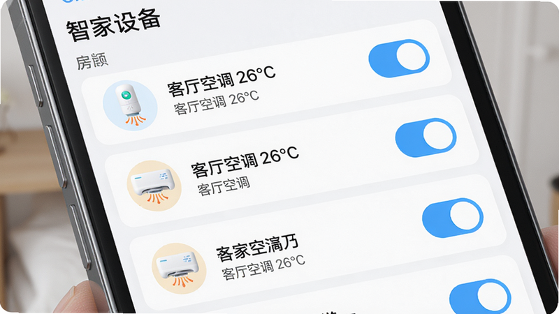 主体:手机屏幕上显示汉的智家设备列表,按房间分类,布局为列表式,排版整齐,风格清新,细节:每个设备图标旁有开关按钮及运行状态文字,如“客厅空调 26°C”,画质细腻,干净简洁