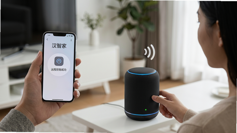 主体:人物手持手机远程操作汉的智家,另一人用语音音箱发出指令,布局对角线构图,排版自然,风格生活化,细节:手机屏幕显示“远程控制成功”,智能音箱亮起指示灯,画质清晰干净