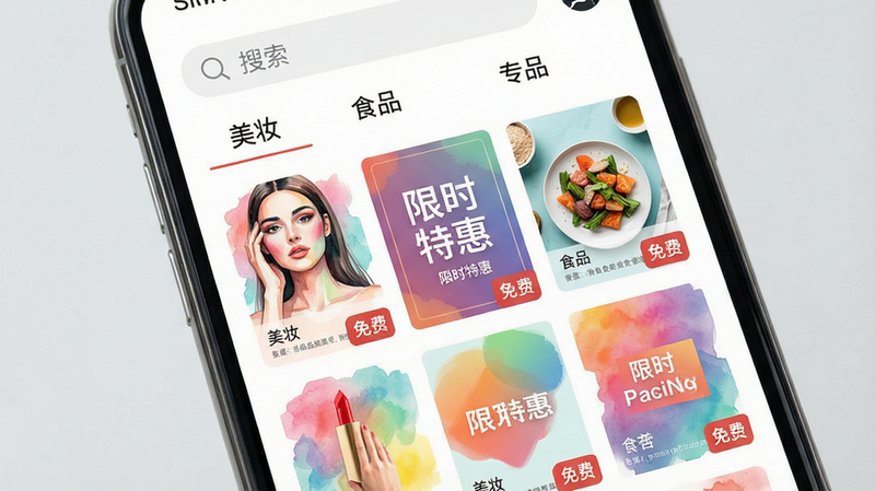 主体:手机屏幕展示模板中心页面,网格布局显示多个海报缩略图。布局:顶部搜索栏,下方为模板分类标签(如“美妆”“食品”),缩略图整齐排列。风格:清新简约,缩略图色彩丰富,有水彩和渐变风格。细节:每个缩略图右下角有“免费”标签,其中一张海报上写着“限时特惠”。画质:高清,无多余元素。