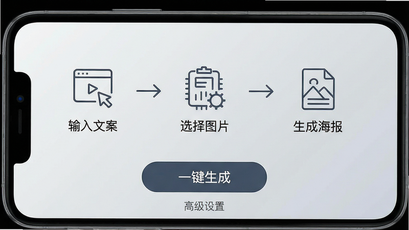 主体:手机界面显示智能设计操作流程,三个步骤图标从左到右:输入文案→选择图片→生成海报。布局:中部为步骤图示,下方为“一键生成”按钮,背景为渐变浅灰色。风格:科技感、简洁,图标为线性风格。细节:步骤之间用箭头连接,底部有“高级设置”小字。画质:干净,无多余元素。
