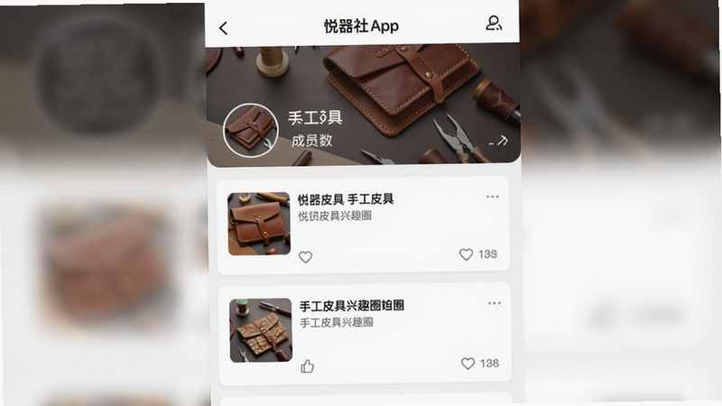 ����Ϊ������App�ڵġ��ֹ�Ƥ�ߡ���ȤȦ��ҳ�棬�����Ϸ�ΪȦ�ӷ���ͼ�ͳ�Ա�����м�Ϊ�����б���ÿƪ���Ӱ�������ͼ������͵�����������Լ��������Ƭʽ��ƣ�ϸ�������ӷ���ͼ��ʾ�ֹ�Ƥ����Ʒ������ϸ��ɾ����޶���Ԫ�ء�