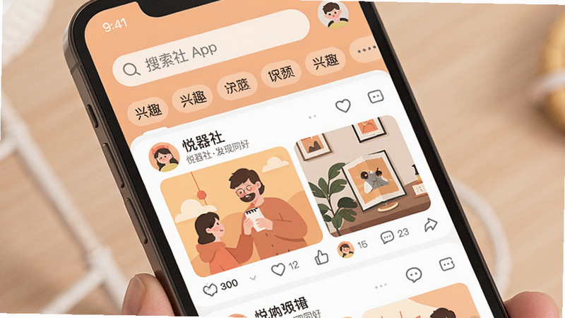 ����Ϊһ�������ֻ���Ļ��ʾ������App�����棬�����Ϸ�Ϊ����������Ȥ��ǩҳ���м�Ϊ��̬�ٲ���չʾ�û�������ͼ�����ݣ������ñ�ƽ����ơ����ůɫ����ϸ�ڰ�����������ͼ����û�ͷ�񣬻��ʸ���ɾ����޶���Ԫ�أ���Ļ����ʾ���֡������緢��ͬ�á���