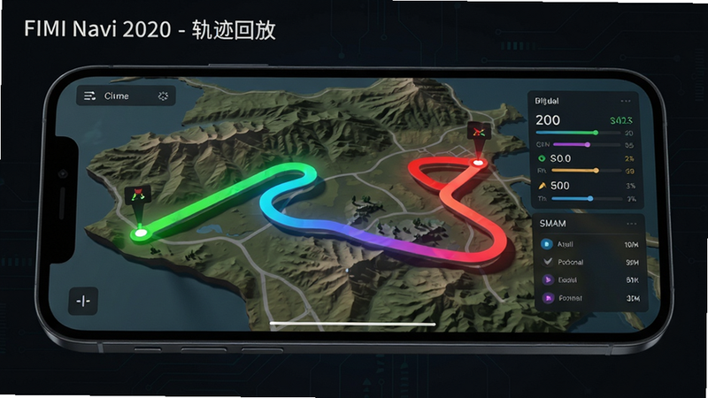 主体:手机屏幕显示飞行轨迹回放界面,布局:3D地图上显示一条彩色飞行轨迹,起点绿色终点红色,旁边有数据统计面板;排版:轨迹线加粗,地图带地形阴影;风格:三维可视化,科技暗色背景;细节:画面左上角有“FIMI Navi 2020 - 轨迹回放”字样;画质:高精度渲染,无多余元素