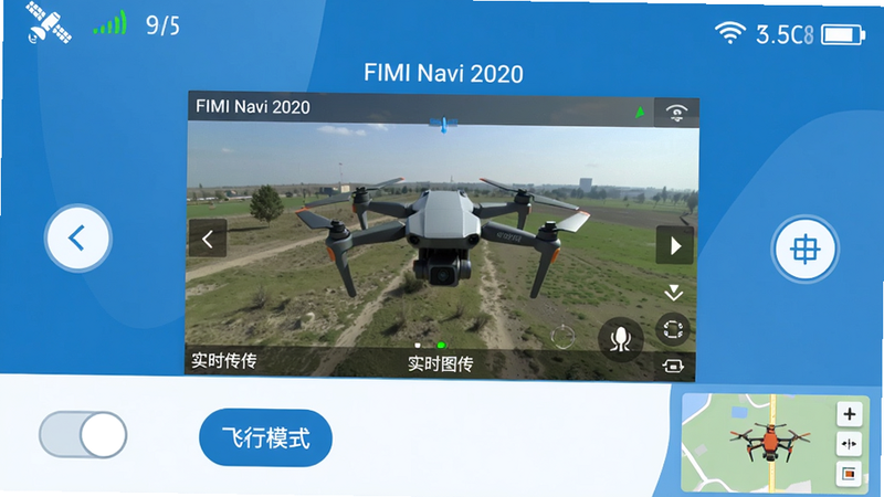 主体:FIMI Navi 2020 手机端主界面截图,布局:顶部显示卫星信号强度与电量,中间为实时图传画面,底部有飞行模式切换按钮与地图缩略图;排版:居中构图,画面干净;风格:扁平化科技蓝白配色,简洁现代;细节:界面中文字标注“FIMI Navi 2020”与“实时图传”;画质:高清锐利,无多余元素