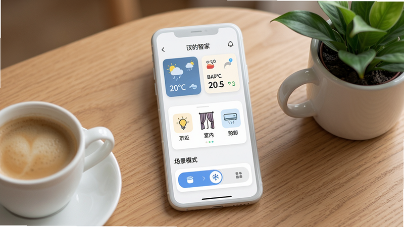 画面中心为一款白色智能手机屏幕,屏幕上显示“汉的智家”App主界面,布局清晰,上方为天气与室内温湿度卡片,中部为设备控制面板(包含灯光、窗帘、空调图标),底部为场景模式切换按钮。手机置于木质桌面上,旁边有一杯咖啡和绿植。整体风格现代简约,光线柔和,画质高清干净,无多余元素