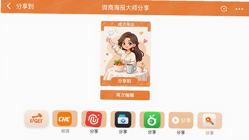 主体:微商海报大师分享界面,布局:中央显示成功导出的海报缩略图,下方一排分享按钮,排版:居中对称,风格:清爽,色彩:橙白配色,细节:每个分享按钮带有平台Logo,缩略图下方有“再次编辑”按钮,画质:高清,干净,无多余元素,图片中文字“分享到”