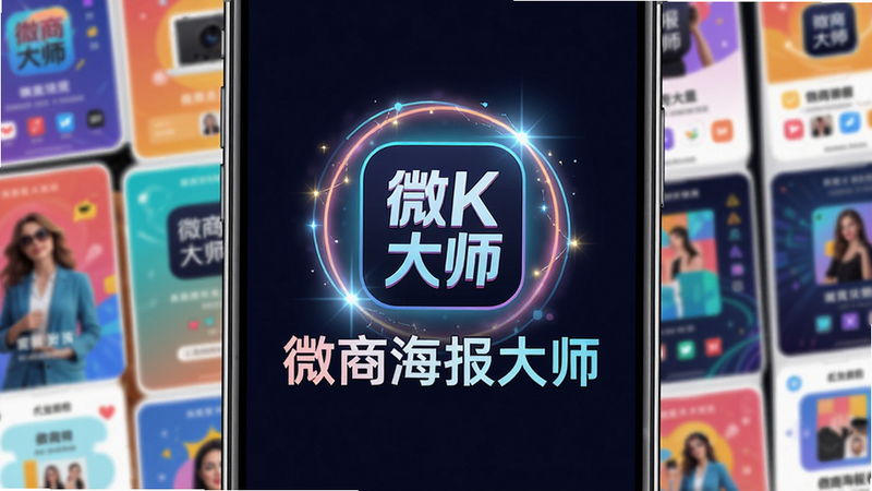 主体:手机屏幕展示微商海报大师的启动画面,布局:中央显示软件Logo和名称“微商海报大师”,背景为多彩海报拼图,排版:居中,风格:炫彩科技,细节:Logo周围有光晕效果,画质:4K高清,干净,无多余元素,图片中文字“微商海报大师”