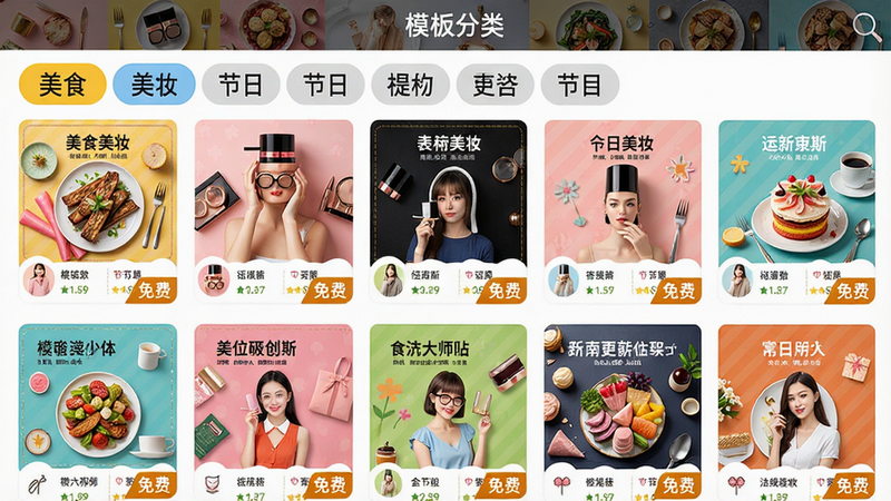 主体:微商海报大师模板分类界面,布局:网格展示多个模板缩略图,顶部有分类标签(美食、美妆、节日等),排版:整齐有序,风格:简洁明快,色彩鲜艳,细节:每个模板缩略图右下角有“免费”标识,画质:高清,干净,无多余元素,图片中文字“模板分类”