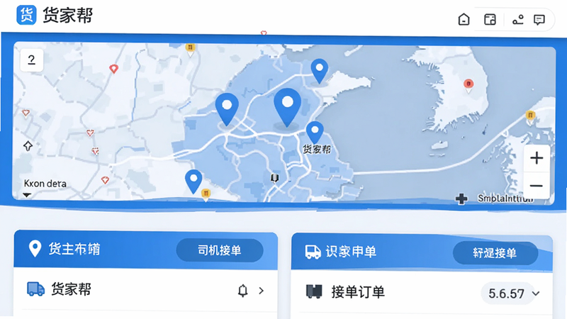 货家帮软件主界面截图,展示货主发布货源和司机接单功能,页面布局分为上下两部分,上方为地图定位,下方为订单列表,整体风格现代简约,色彩以蓝色和白色为主,图标清晰,文字标注货家帮Logo,画质高清,干净无多余元素。