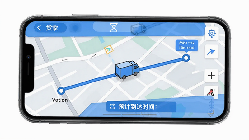 货家帮实时定位追踪界面,手机屏幕上显示地图路线,起点到终点连线,中间有货车图标移动,底部显示预计到达时间,界面简洁,蓝色主题,画质干净。