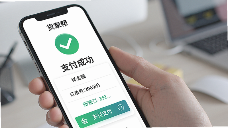 货家帮在线支付界面,手机屏幕显示支付成功页面,金额和订单号等信息,背景为绿色对勾,文字'支付成功',风格简洁商务,画质高清。