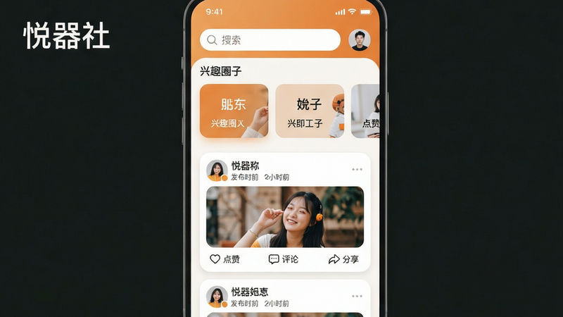 ���壺������App�������ͼ��չʾ��������������ȤȦ���б����û���̬�������֣��Ϸ�Ϊ�����������ͷ���в����򻬶���ʾ�Ƽ�Ȧ�ӿ�Ƭ���·�Ϊ�ٲ�����̬��Ƭ���Ű棺�ִ�����񣬿�ƬԲ�Ǵ���Ӱ������������������ữ����ů����ɫ������ɫΪů��ɫ���ɫ��ϸ�ڣ���̬��Ƭ�����û�ͷ���ǳơ�����ʱ�䡢ͼ�����ݼ�������ť�����ޡ����ۡ������������ʣ�����ϸ�壬����ɾ��޶���Ԫ�أ�ͻ���������硱Logo�����Ͻǡ�