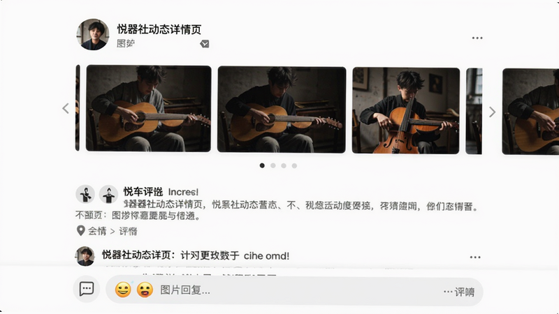 ���壺�����綯̬����ҳ��չʾһ��ͼ�Ķ�̬����������ͼƬ�ֲ���������������λ��Ϣ�������������֣�����Ϊ������ͷ�����ǳƣ��в�ͼƬ���򻬶����·�Ϊ�����б�����񣺼���罻Ӧ�÷�񣬰�ɫ���������ֻ�ɫ��ϸ�ڣ��ֲ�ͼ�·���СԲ��ָʾ�����ۿ�̶��ڵײ���֧�ֱ����ͼƬ�ظ������ʣ����壬����ɾ���