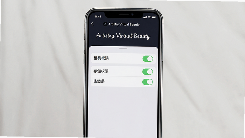 手机屏幕显示Artistry Virtual Beauty应用设置界面,勾选“相机权限”和“存储权限”,界面简洁。主体为应用设置截图,布局居中,风格清爽,细节包括权限开关状态,画质高清。文字“Artistry Virtual Beauty”在顶部。
