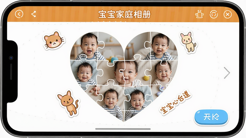 手机屏幕展示'宝宝家庭相册'的拼图编辑界面,多张宝宝照片被排列成心形拼图,周围有卡通贴纸和文字,界面色彩鲜艳,操作按钮清晰,画质高清,干净无多余元素。