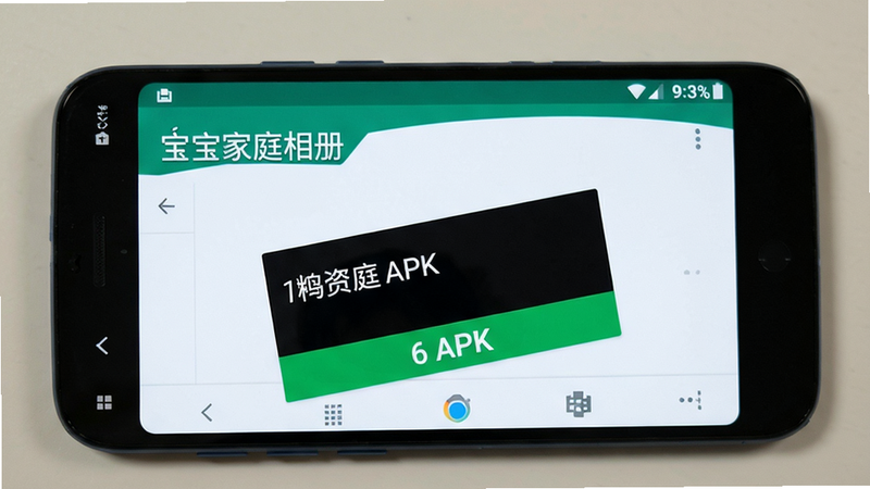 手机屏幕展示'宝宝家庭相册'的应用安装界面,显示正在安装APK,背景为安卓系统界面,简洁清晰,画质高清,干净无多余元素。