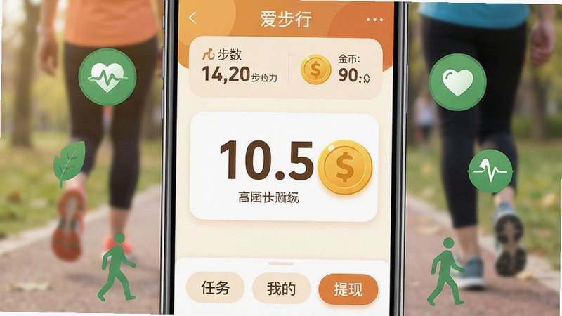 主体:手机屏幕上显示“爱步行”主界面,上方有步数统计和金币余额,底部有“任务”“我的”“提现”按钮。布局:居中构图,手机屏幕特写,周围有绿色健康图标和行走的小人剪影。排版:UI界面清晰,数字圆润,金币符号突出。风格:扁平化设计,清新自然,暖色调为主。细节:步数数字用大号字体,金币图标带有$符号,背景有模糊的走路场景。画质:高清,干净,无多余元素。