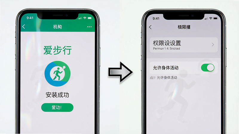 主体:两部手机并排放置,左边显示“爱步行”安装成功界面,右边显示权限设置页面,有“允许身体活动”开关打开。布局:左右对比,中间有箭头示意。排版:界面简洁,文字清晰。风格:偏实用教程风格,明亮背景。细节:权限开关高亮绿色,手机边框有反光。画质:高清,干净,无多余元素。