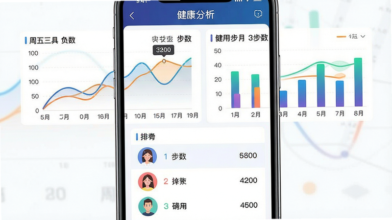 主体:手机屏幕显示“健康分析”页面,包含折线图、柱状图和排行榜列表。布局:图表占屏幕上半部分,排行榜在下半部分,左右对称。排版:线条流畅,颜色区分度高。风格:数据可视化风格,科技感。细节:图表标注周几和步数数值,排行榜头像圆形。画质:干净,无多余元素。
