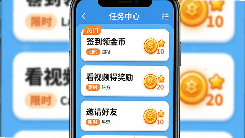 主体:手机屏幕展示“任务中心”页面,列表项包括“签到领金币”“看视频得奖励”“邀请好友”等,每个任务右侧有金币图标和数字。布局:竖屏截图,整体居中,任务卡片有序排列。排版:卡片圆角,标题加粗,金币用橙色高亮。风格:活泼卡通风格,色彩鲜艳。细节:部分任务标记“热门”“限时”标签。画质:高清,无多余元素。