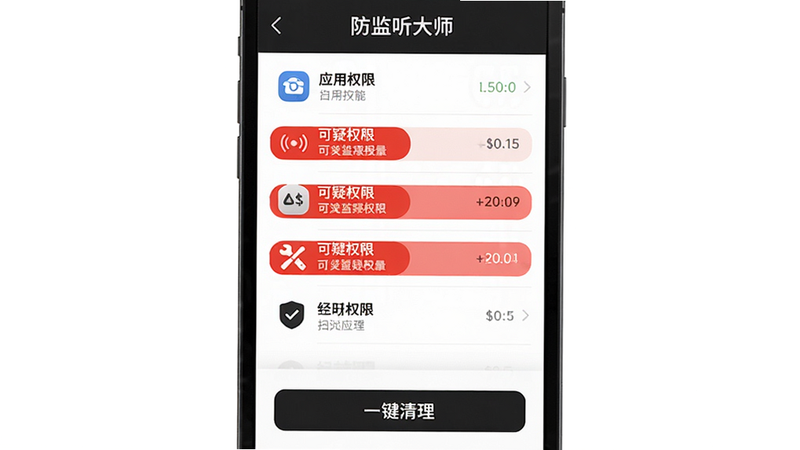 防监听大师应用扫描结果页,手机屏幕列出各应用权限列表,红色高亮显示可疑权限,底部有“一键清理”按钮,界面简洁,白底黑字,风格干净,画质清晰。