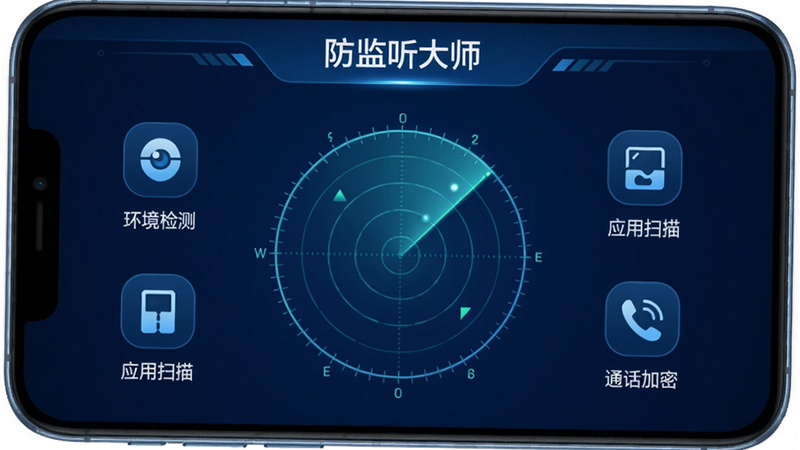 防监听大师软件主界面展示,手机屏幕中央显示雷达扫描动画,周围分布“环境检测”“应用扫描”“通话加密”等功能图标,整体采用深蓝色科技风格,布局规整,画质清晰干净,无多余元素,突出“防监听大师”品牌名称。