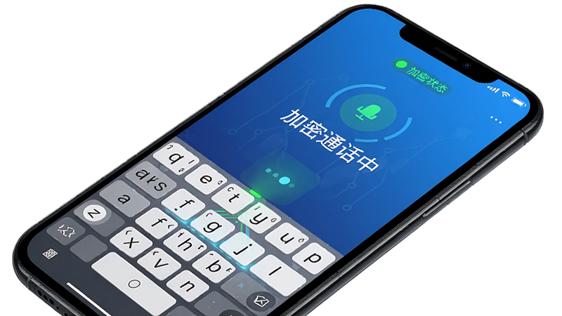防监听大师通话加密界面,手机屏幕显示虚拟键盘和加密状态指示灯,背景为渐变蓝色,界面中心有“加密通话中”字样,风格科技感,画质清晰,无多余元素。